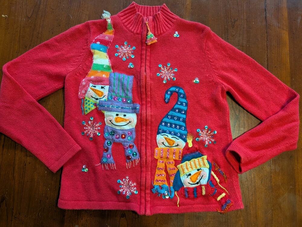 VTG Tiara International red full-zip Christmas Snowman cardigan Sweater Womens S